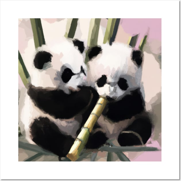 Baby Panda Bears eating bamboo Wall Art by Cotton Candy Art